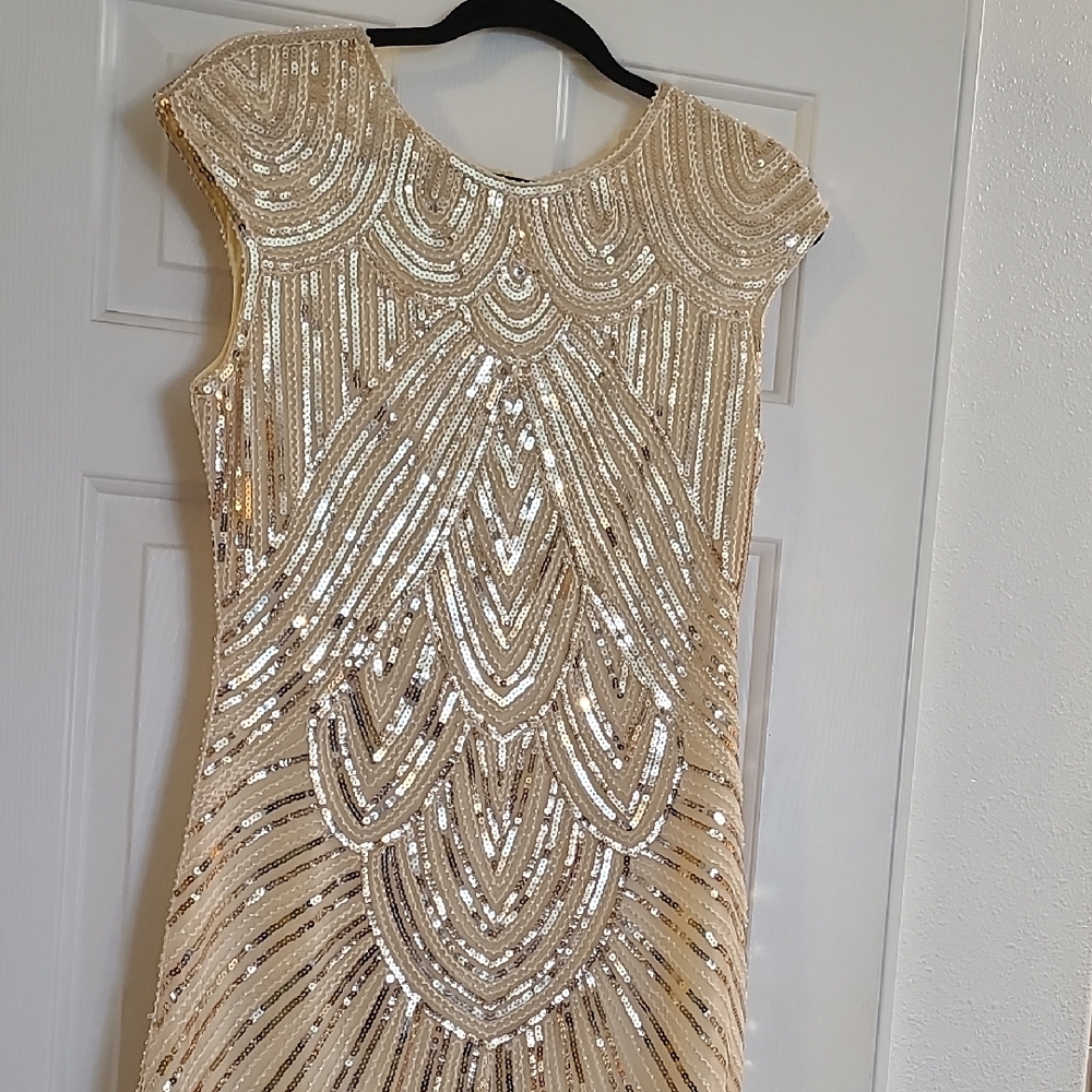 Gold Sequin Cap-Sleeve Evening Dress